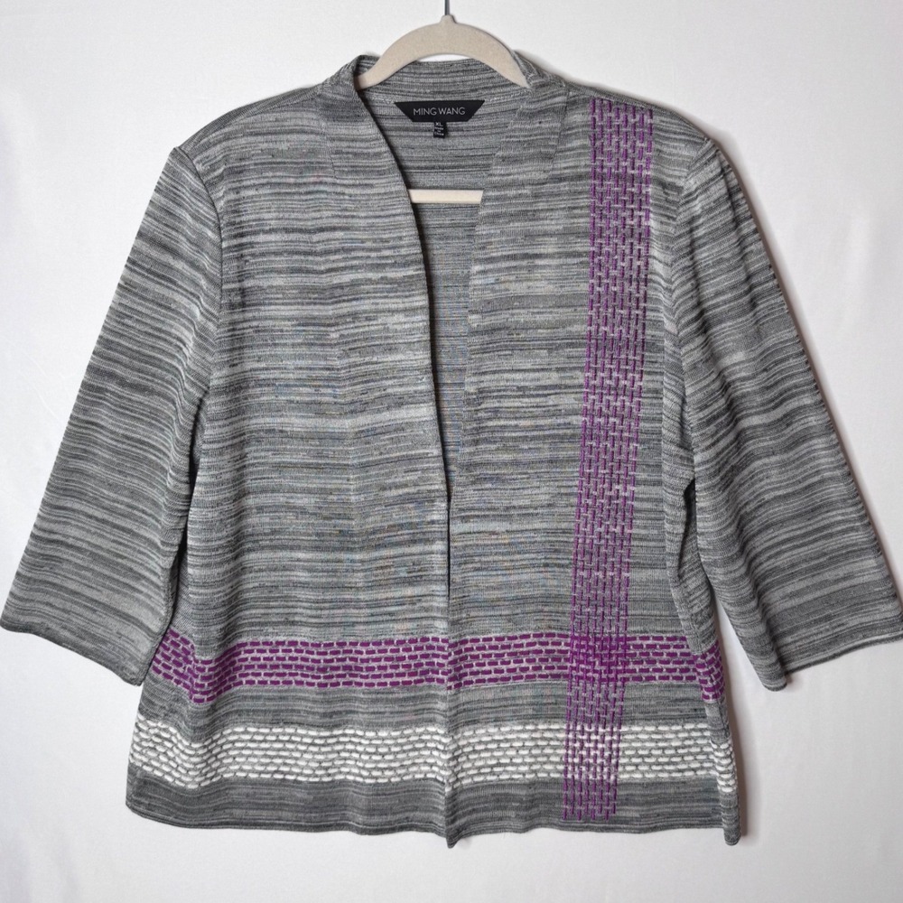 Ming Wang Knit Jacket Women XL Grey Purple Embroidered 3/4 Slv Career Artsy Hook